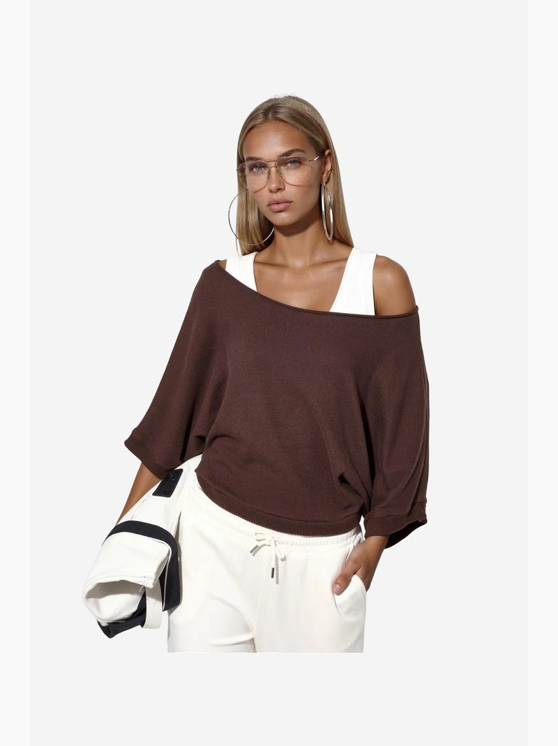Camisola de mulher canelada com gola redonda busem Castanho - Kiabi