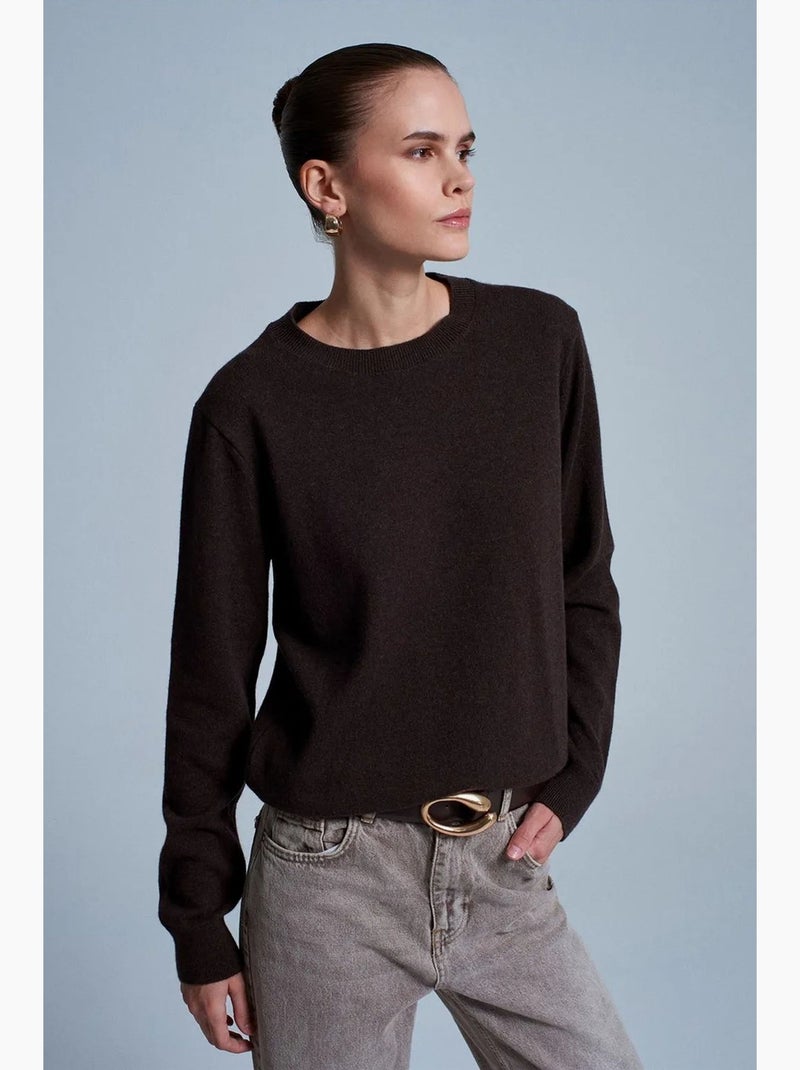 Camisola de mulher em caxemira canelada com decote redondo dilvin Castanho-chocolate - Kiabi