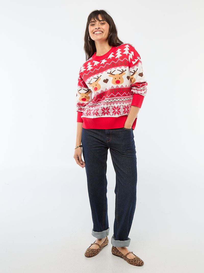 Camisola de Natal em jacquard 'rena' Vermelho - Kiabi