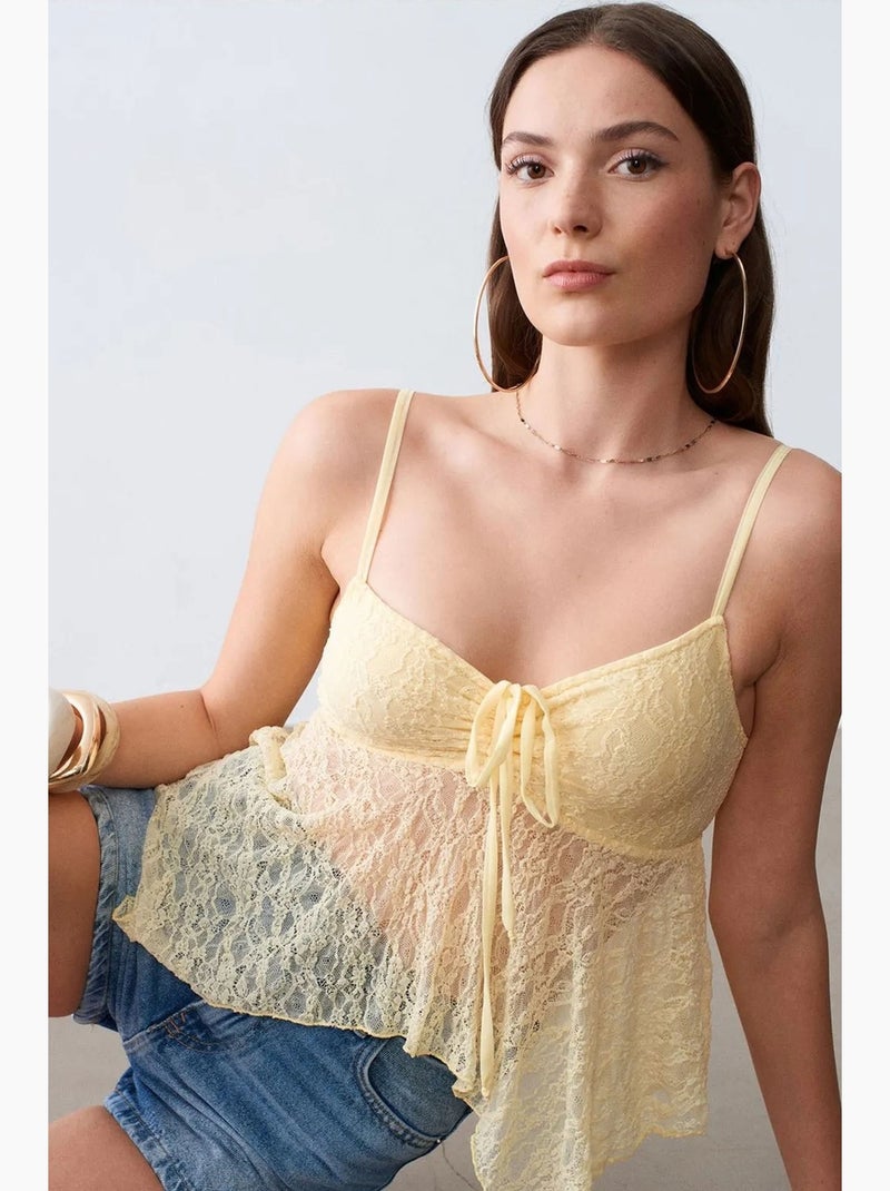 Camisola de renda com laço frontal dilvin Amarelo-limão - Kiabi