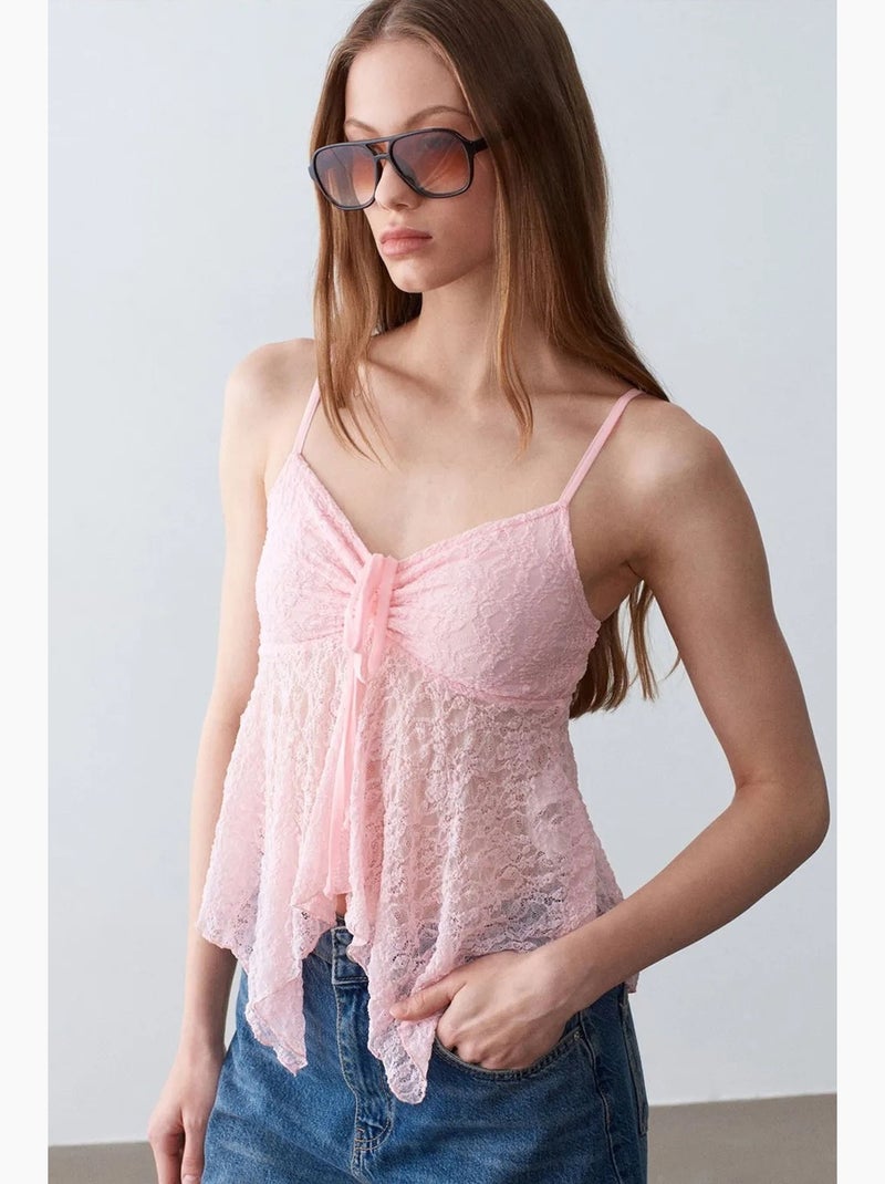 Camisola de renda com laço frontal dilvin Rosa doce - Kiabi