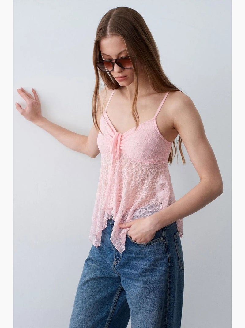 Camisola de renda com laço frontal dilvin Rosa doce - Kiabi