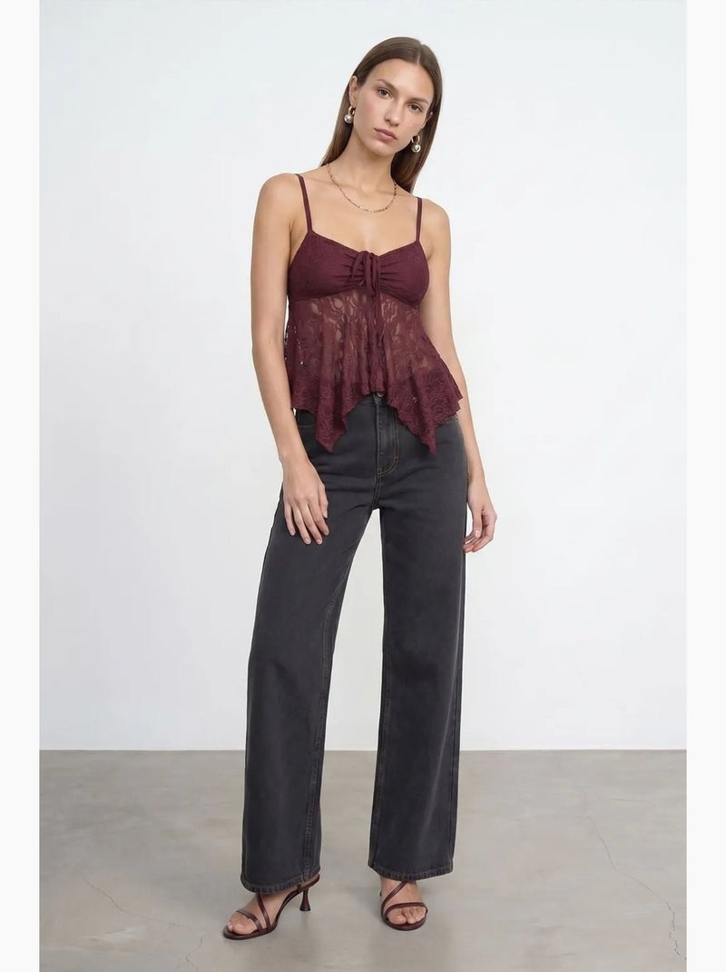 Camisola de renda com laço frontal dilvin Vermelho bordô - Kiabi