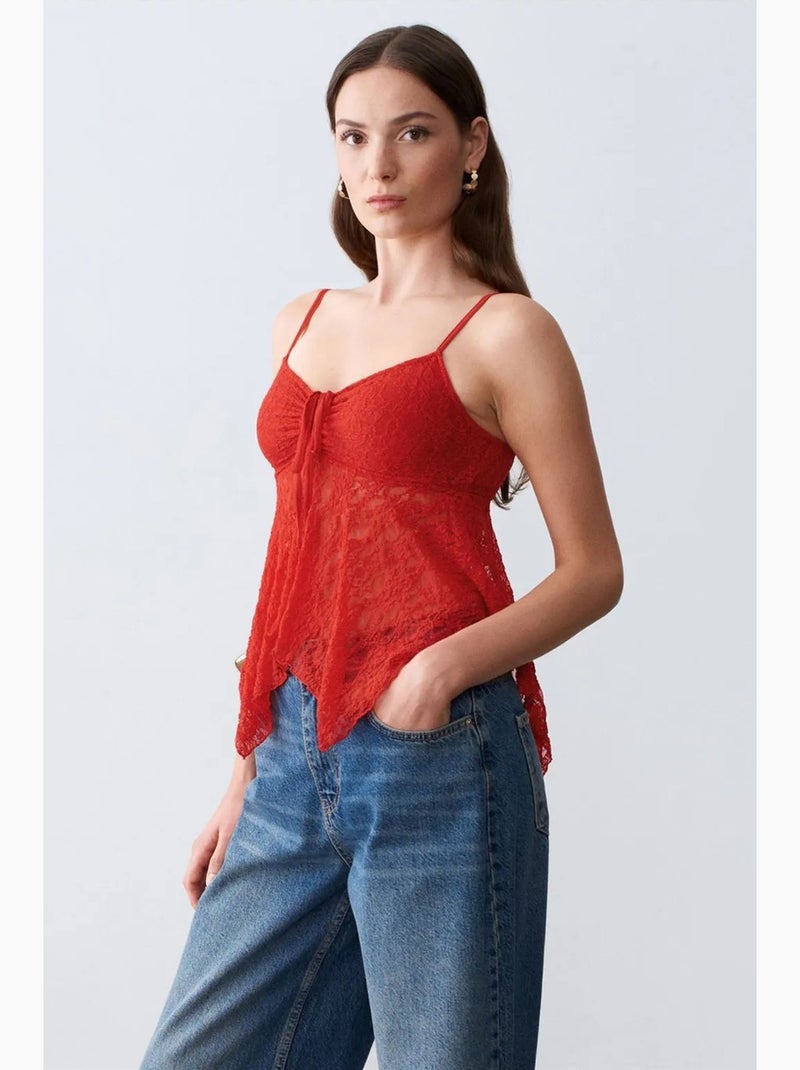 Camisola de renda com laço frontal dilvin Vermelho - Kiabi