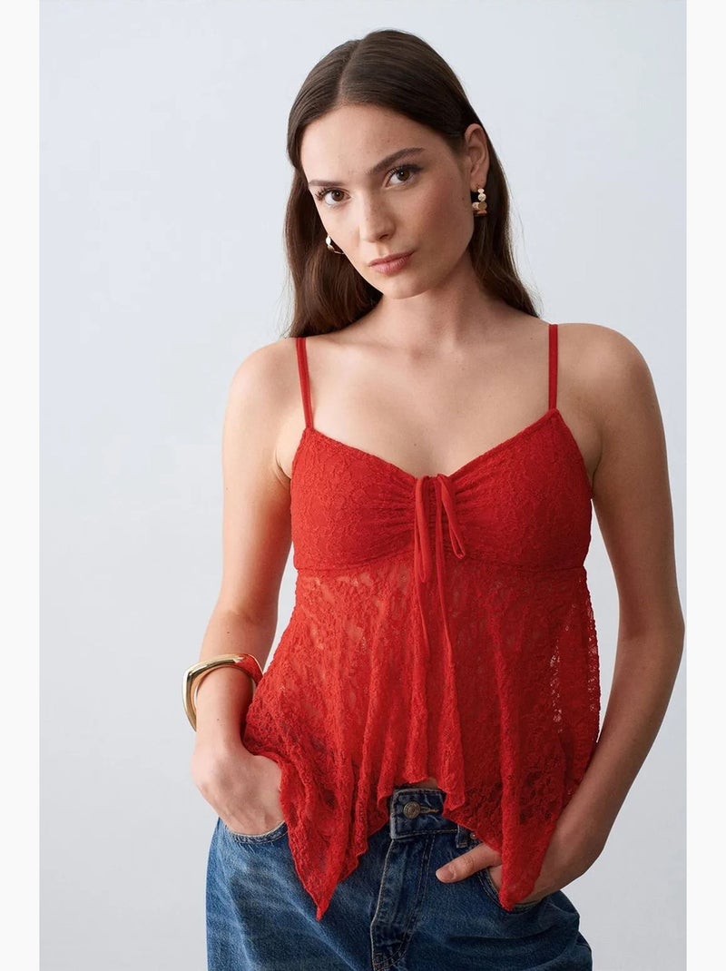 Camisola de renda com laço frontal dilvin Vermelho - Kiabi