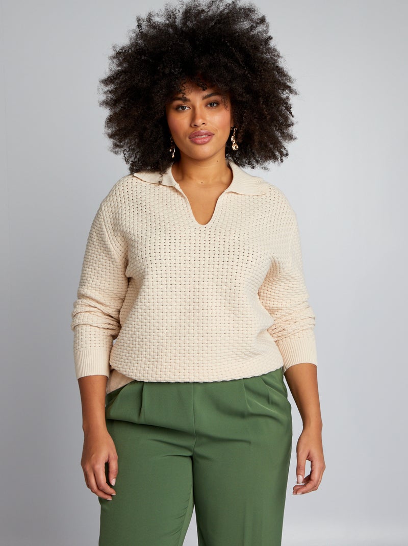 Camisola de tricô com gola em bico BRANCO - Kiabi