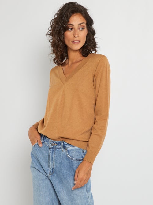 Camisola decote em bico em malha fina - Kiabi