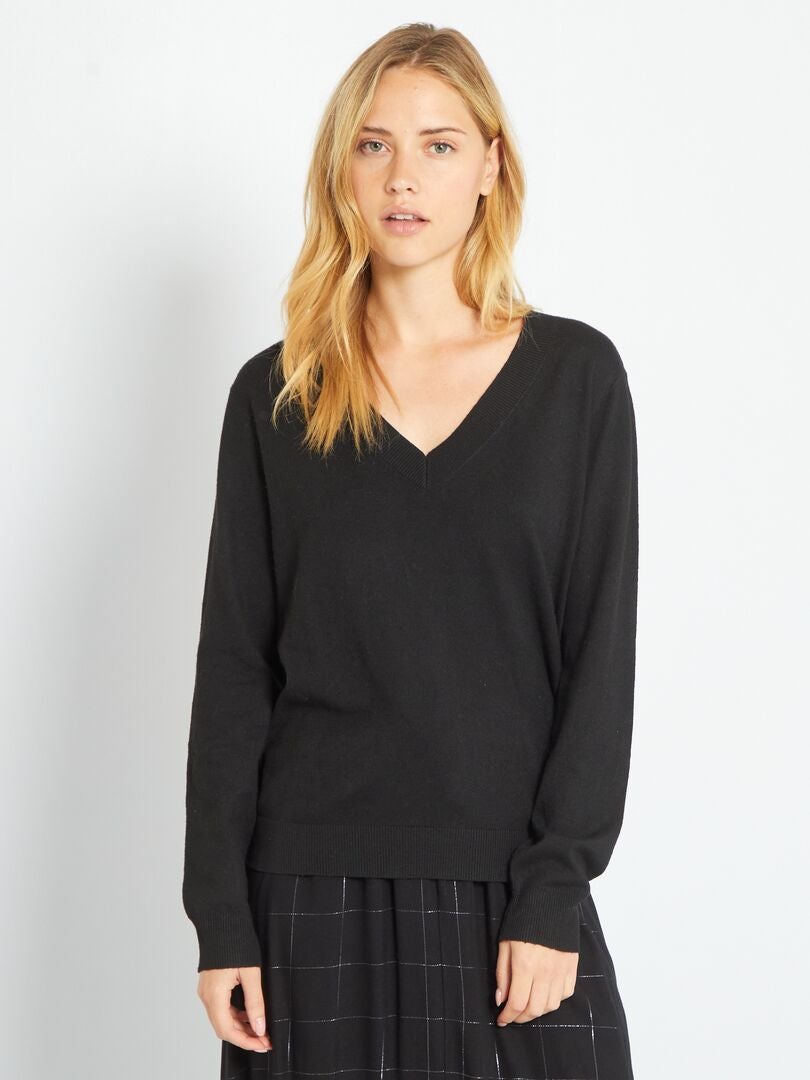 Camisola decote em bico em malha fina Preto - Kiabi