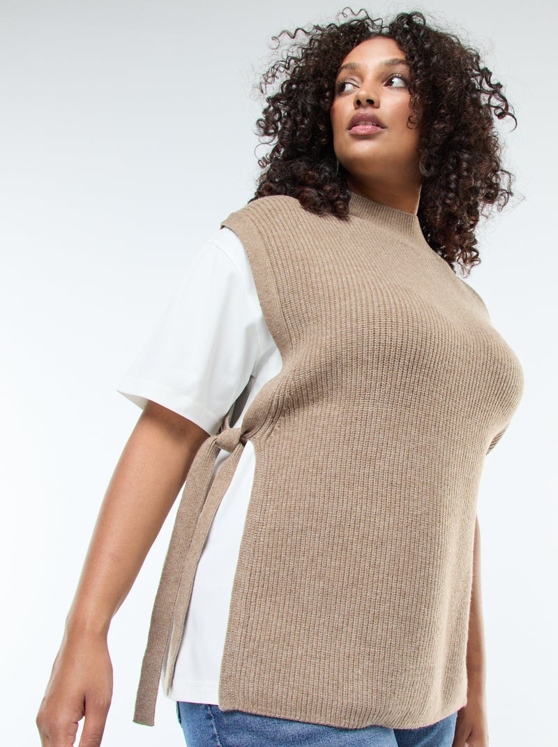 Camisola efeito 2-em-1 com laços para atar Bege - Kiabi