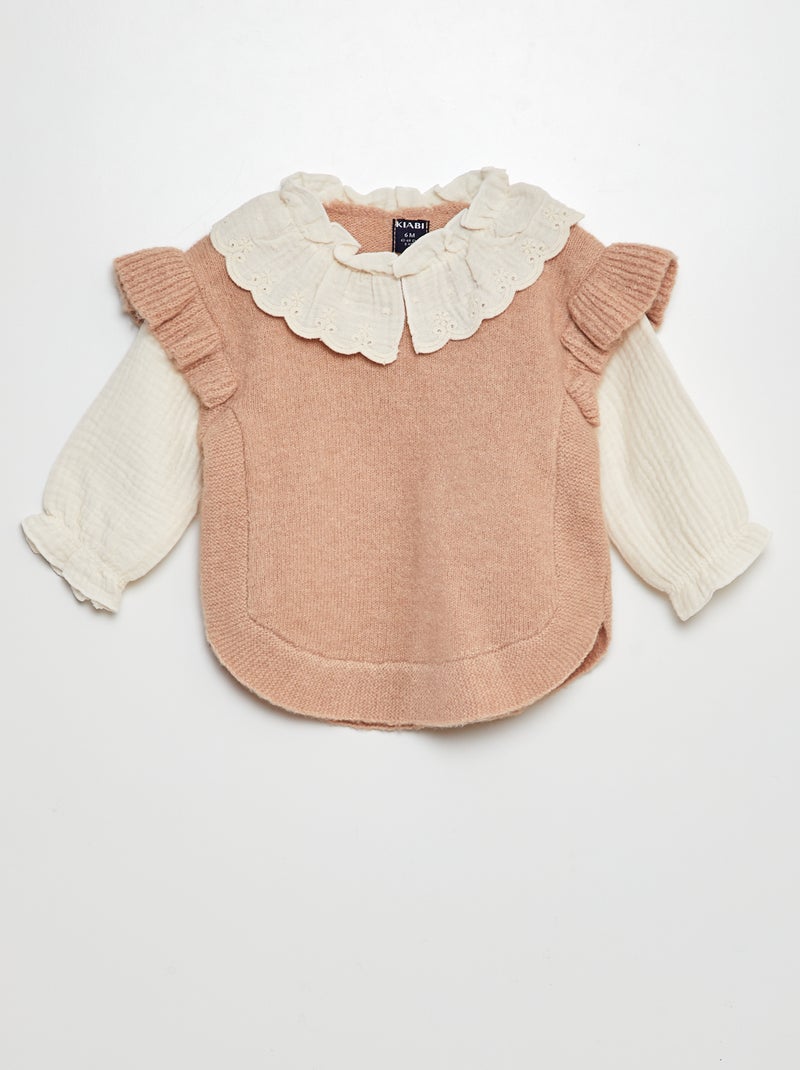 Camisola efeito 2 em 1 com mangas em gaze de algodão ROSA - Kiabi