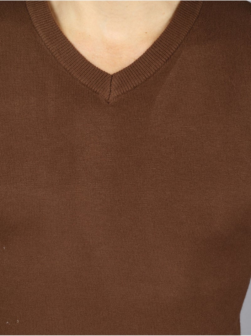 Camisola elegante com gola em V - Kenzarro Castanho - Kiabi