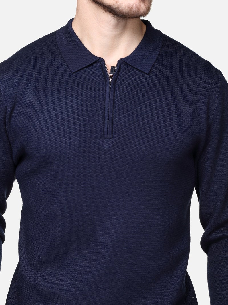 Camisola elegante com gola polo e fecho de correr - Frilivin Azul escuro - Kiabi