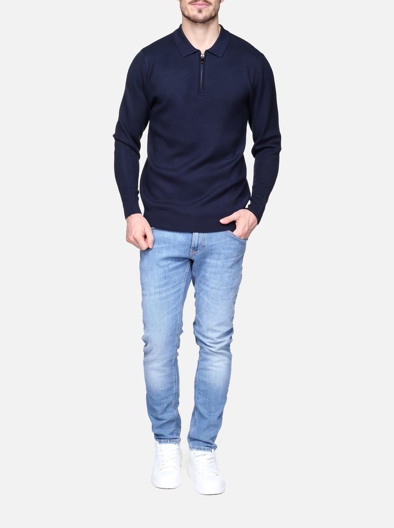 Camisola elegante com gola polo e fecho de correr - Frilivin Azul escuro - Kiabi