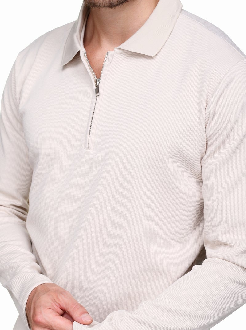Camisola elegante com gola polo e fecho de correr - Frilivin Creme - Kiabi