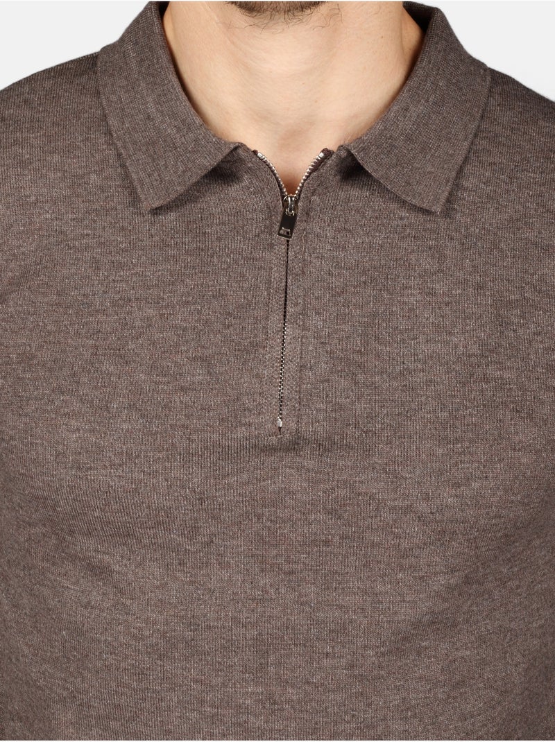 Camisola elegante com gola polo e fecho de correr - Kenzarro Castanho - Kiabi