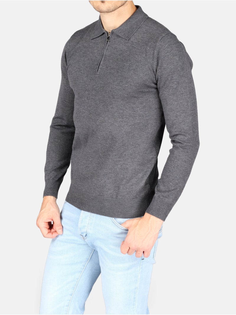 Camisola elegante com gola polo e fecho de correr - Kenzarro Cinza escuro - Kiabi