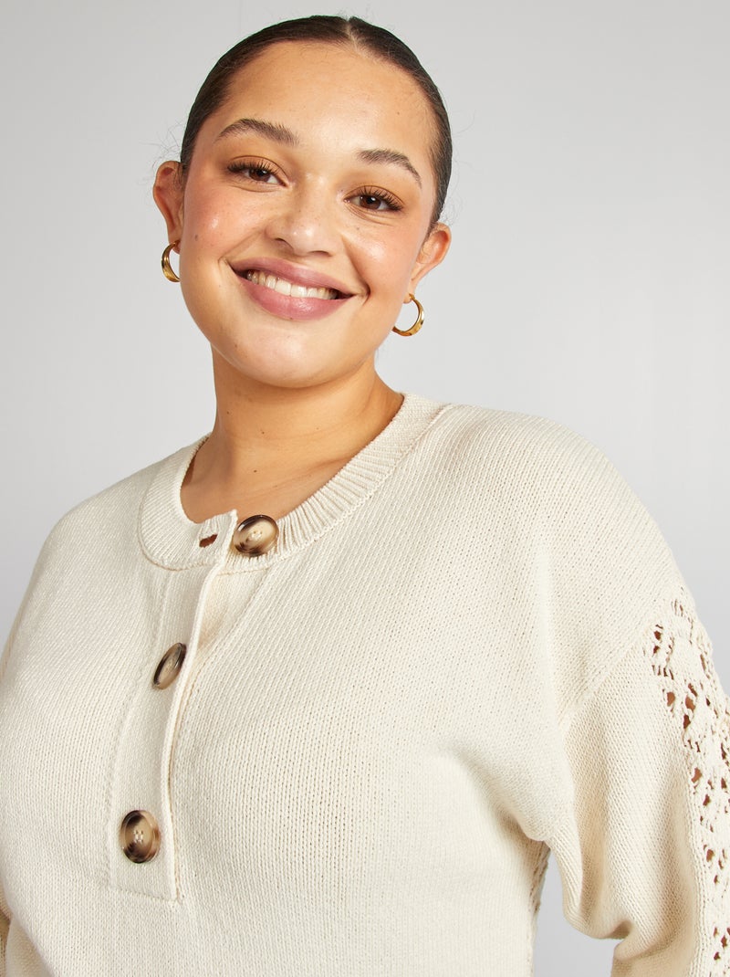 Camisola em croché com gola de botões BEGE - Kiabi