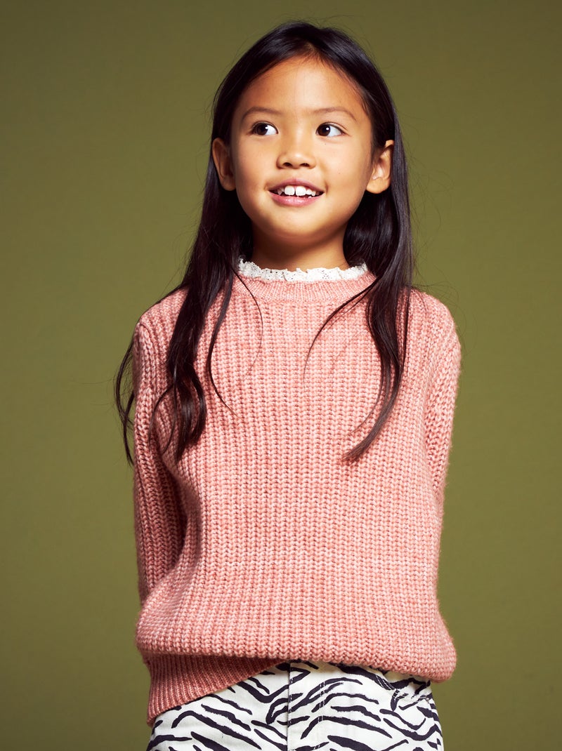 Camisola em malha com bordado inglês Rosa - Kiabi