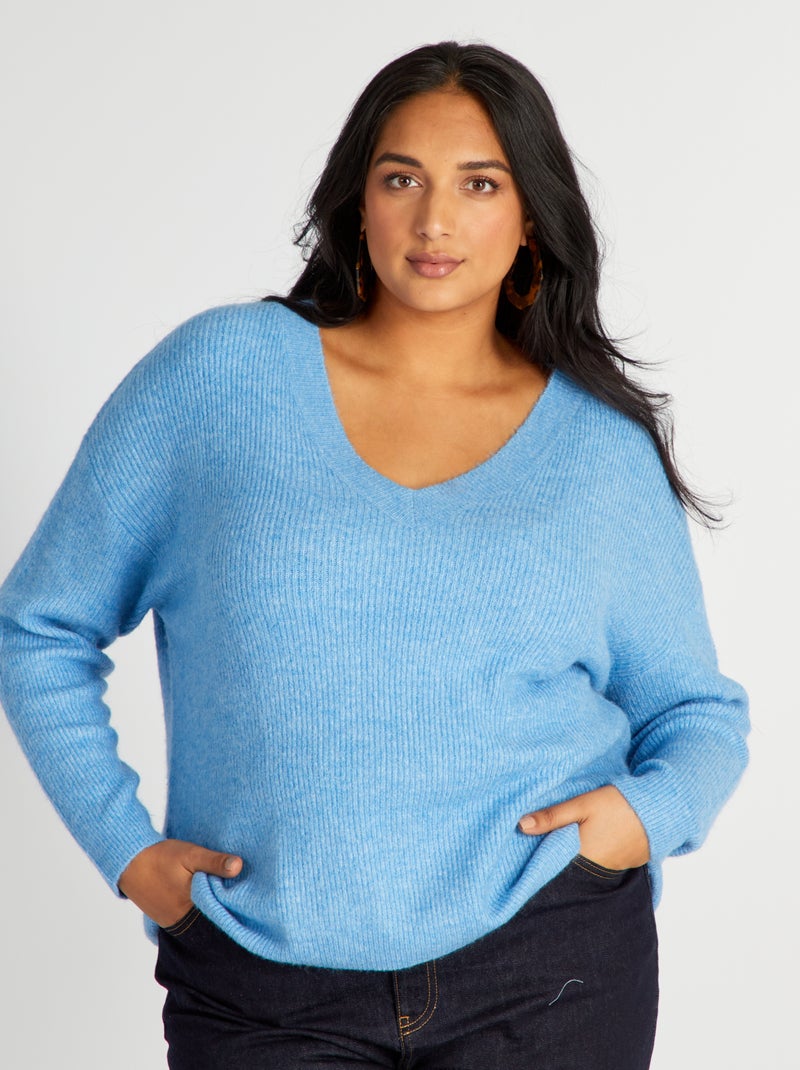 Camisola em malha com decote em bico Azul - Kiabi