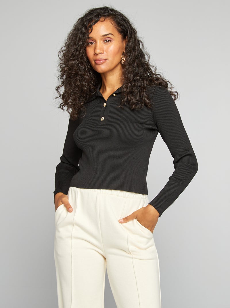 Camisola em malha com gola de polo Preto - Kiabi