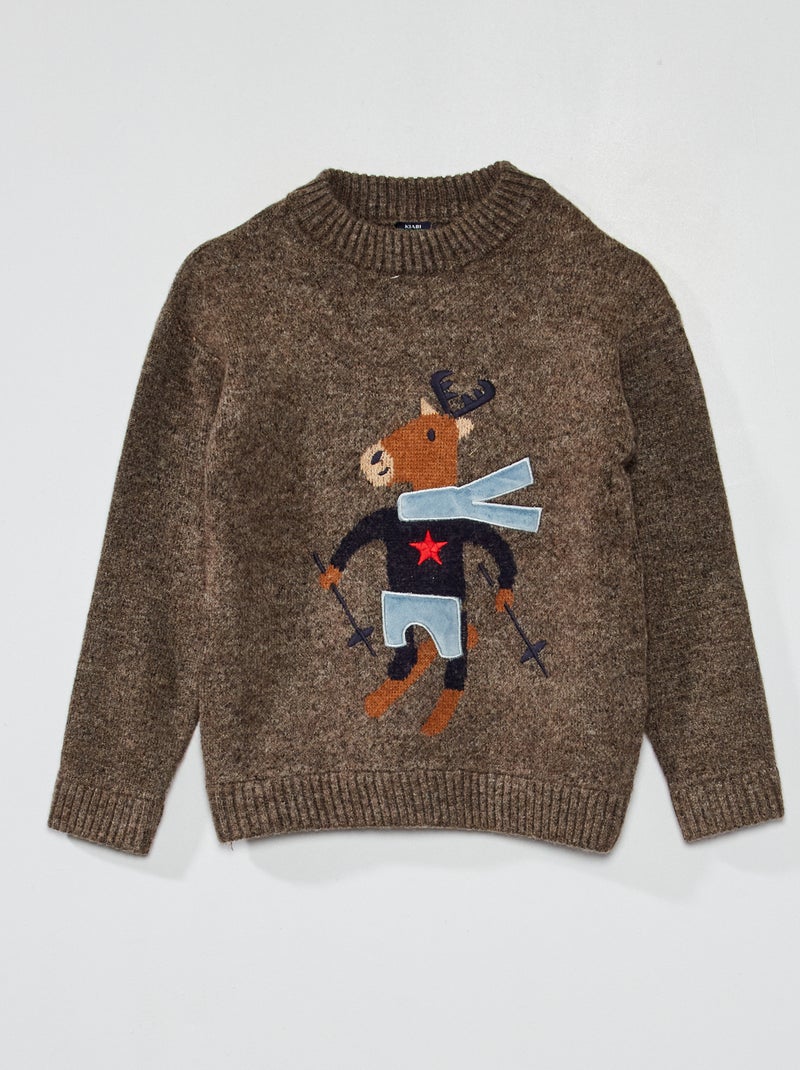 Camisola em malha de tricô com desenhos de animais CASTANHO - Kiabi