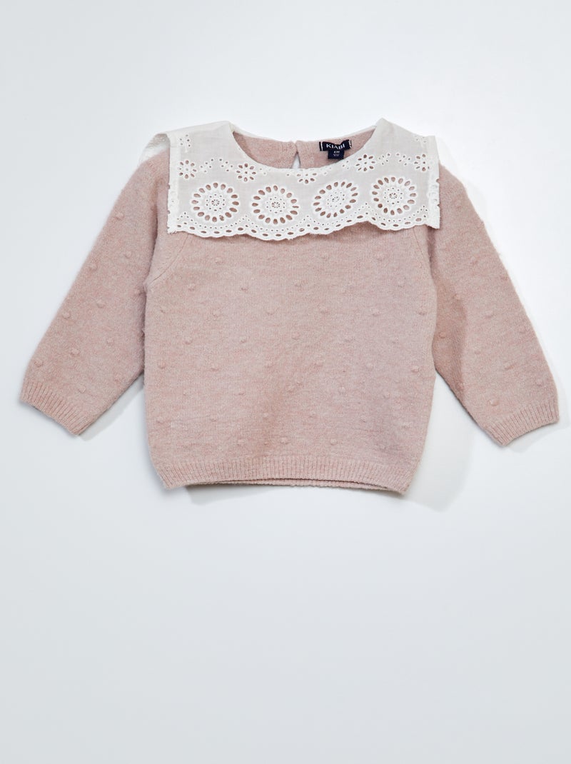 Camisola em malha de tricô com gola com bordado inglês ROSA - Kiabi