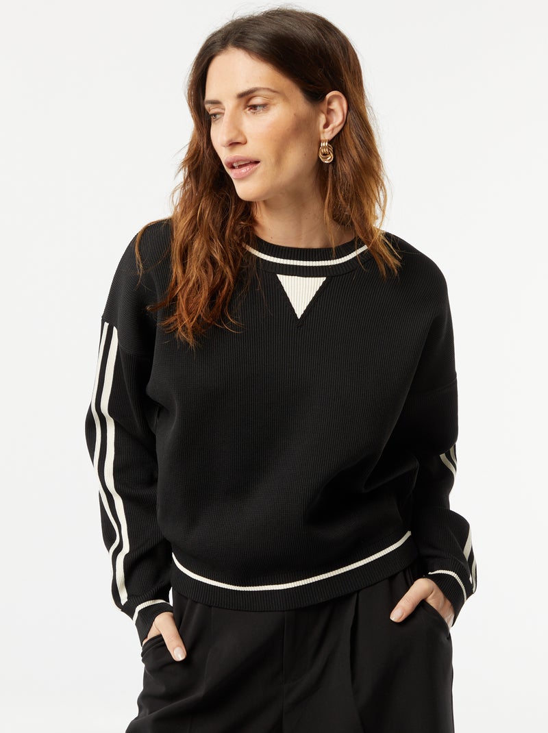 Camisola em malha nervurada fina bicolor Preto - Kiabi