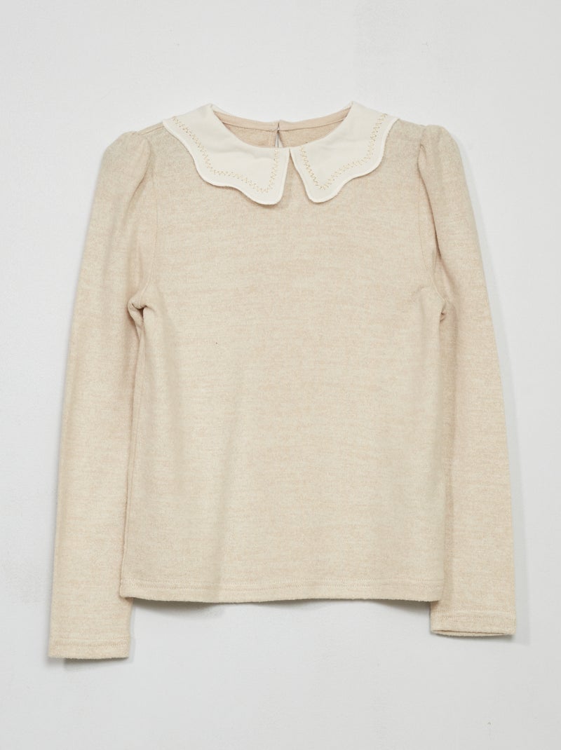 Camisola em malha peluche gola claudine BEGE - Kiabi