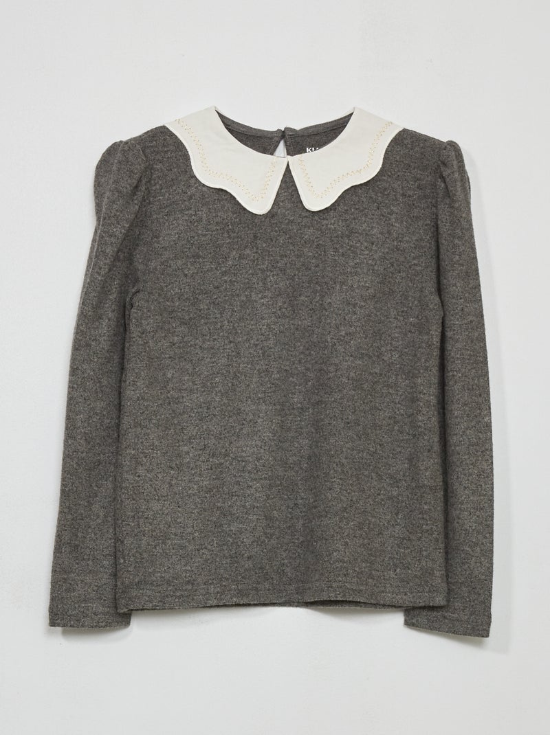 Camisola em malha peluche gola claudine Cinza Antracite - Kiabi