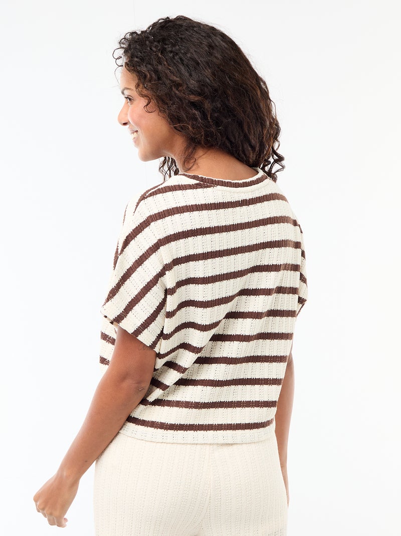 Camisola em malha rendada com mangas curtas Bege - Kiabi