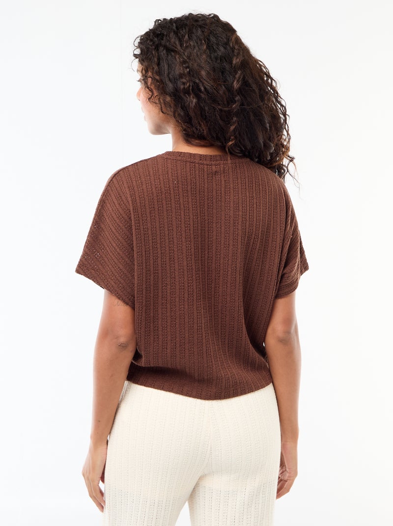 Camisola em malha rendada com mangas curtas Castanho - Kiabi