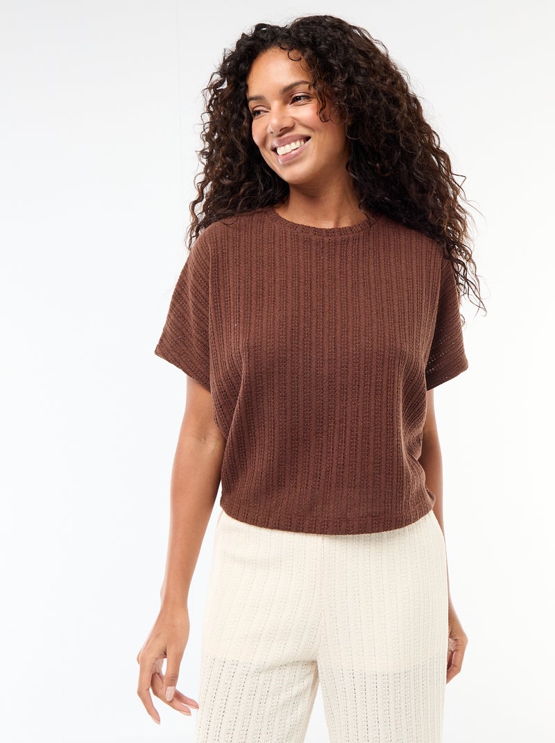 Camisola em malha rendada com mangas curtas Castanho - Kiabi