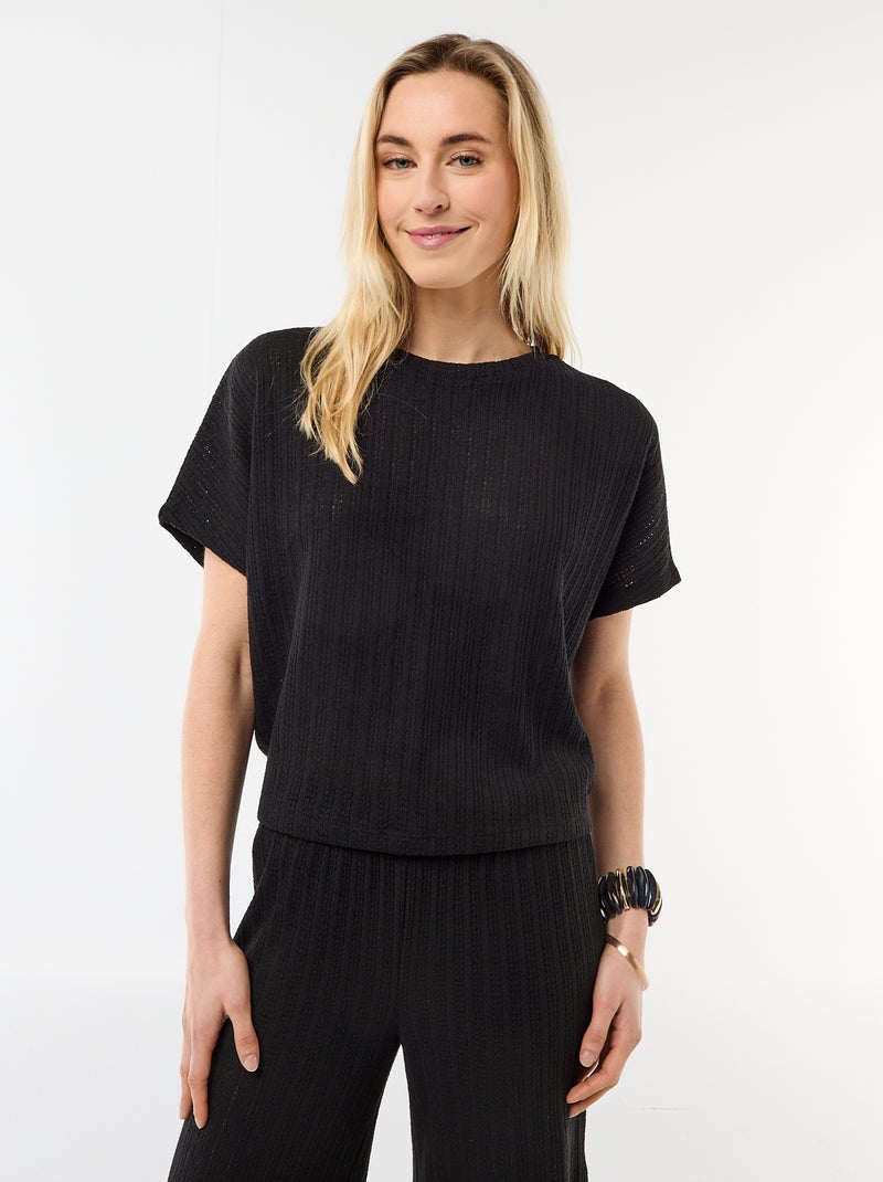 Camisola em malha rendada com mangas curtas Preto - Kiabi
