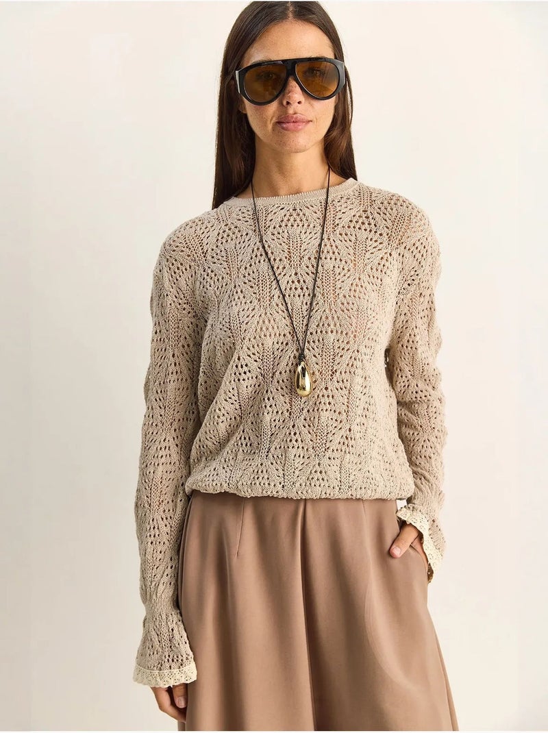 Camisola em malha texturada com decote redondo e folhos lucci Areia - Kiabi