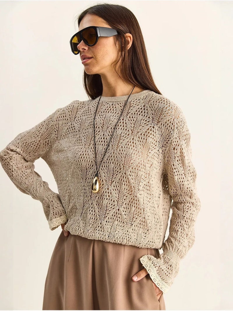 Camisola em malha texturada com decote redondo e folhos lucci Areia - Kiabi