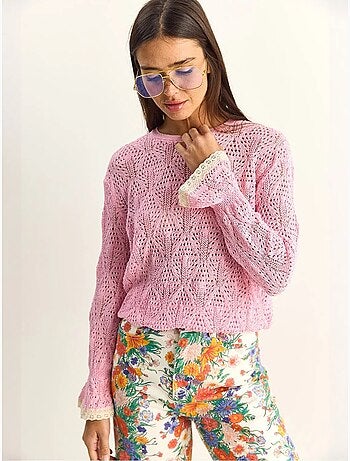 Camisola em malha texturada com decote redondo e folhos lucci