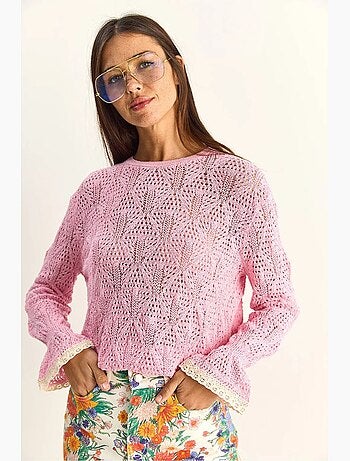 Camisola em malha texturada com decote redondo e folhos lucci