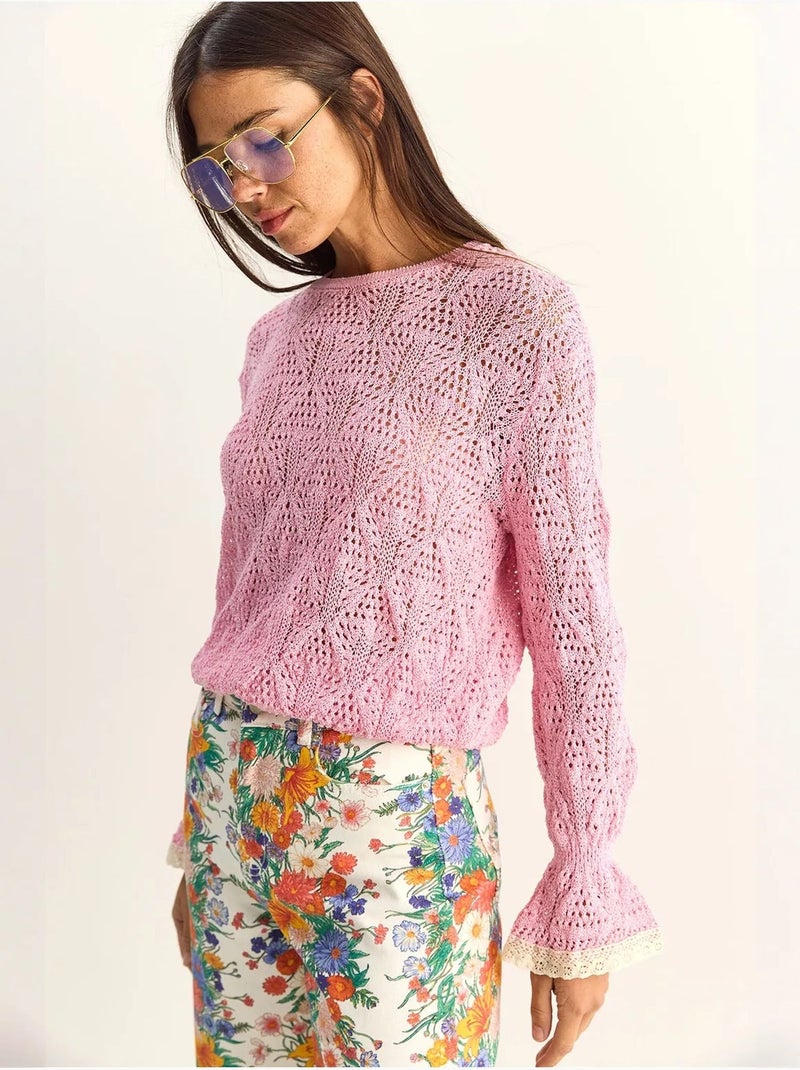 Camisola em malha texturada com decote redondo e folhos lucci Rosa-claro - Kiabi