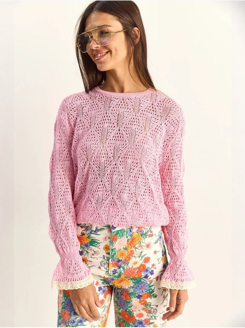 Camisola em malha texturada com decote redondo e folhos lucci Rosa-claro - Kiabi