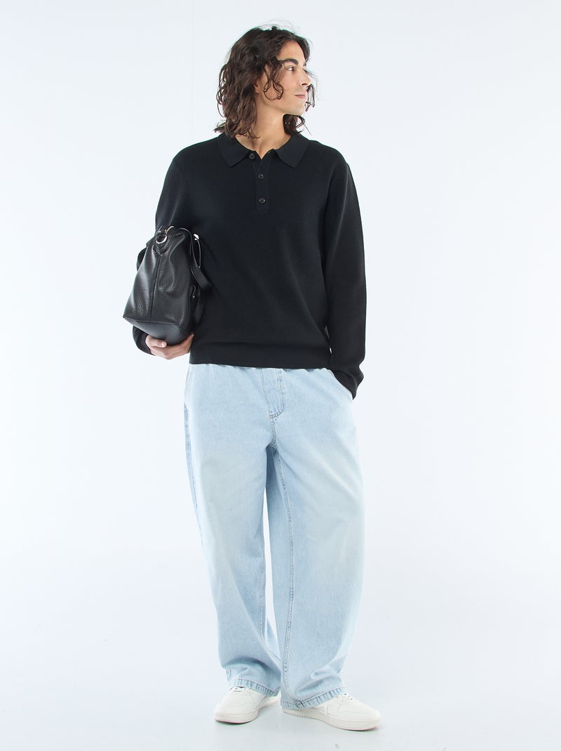 Camisola em malha waffle com gola polo Preto - Kiabi