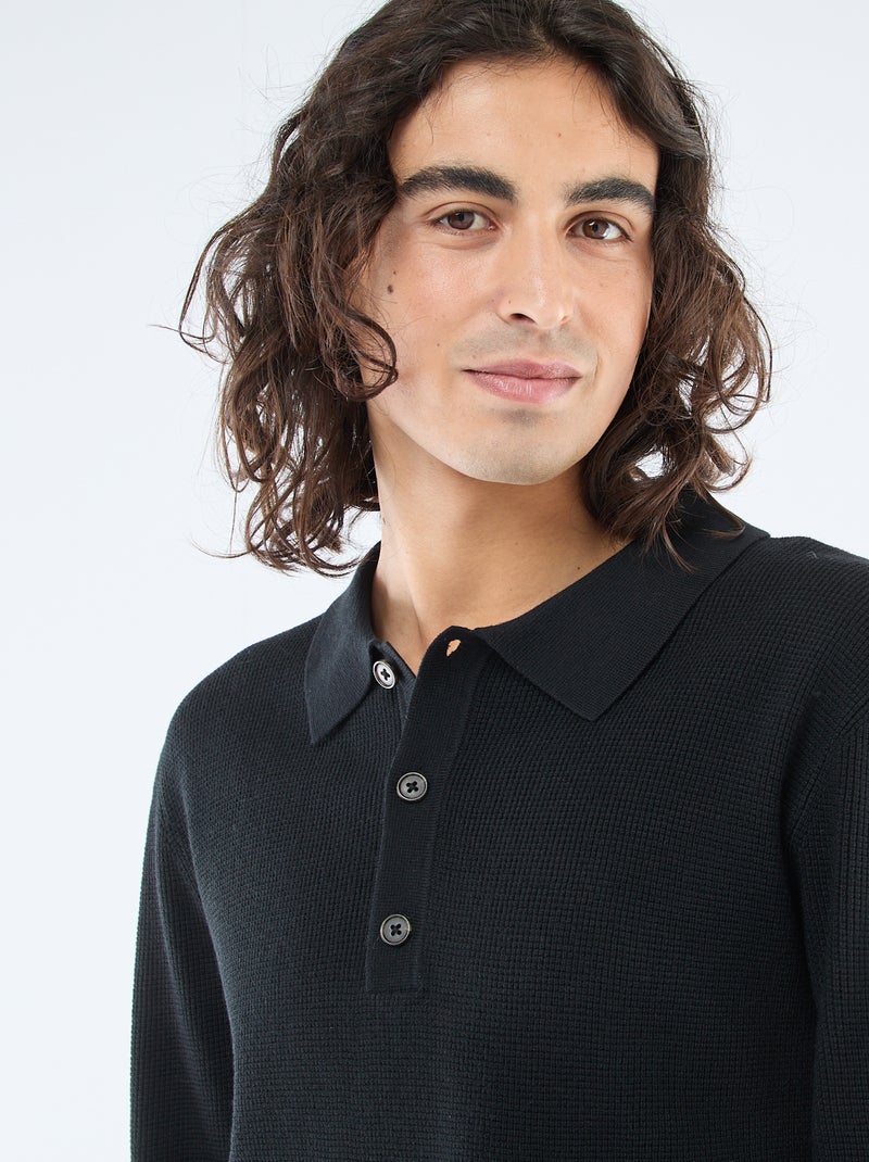 Camisola em malha waffle com gola polo Preto - Kiabi