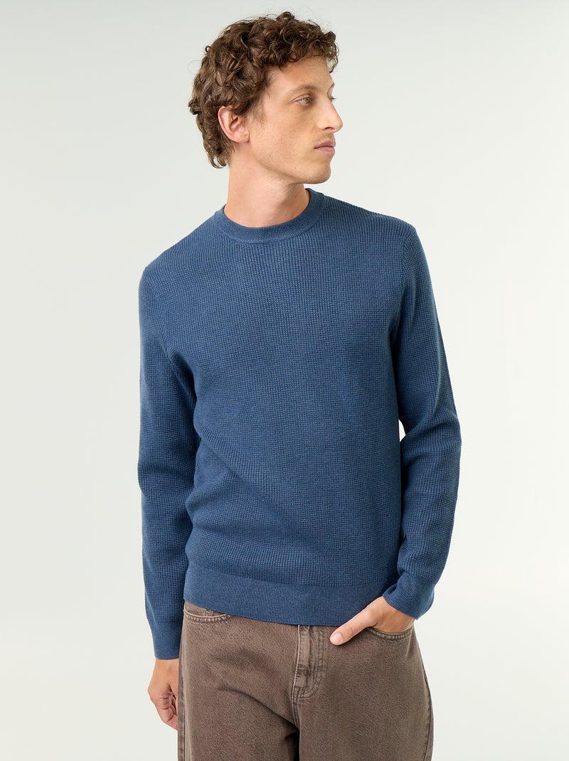 Camisola em malha waffle de gola redonda Azul - Kiabi