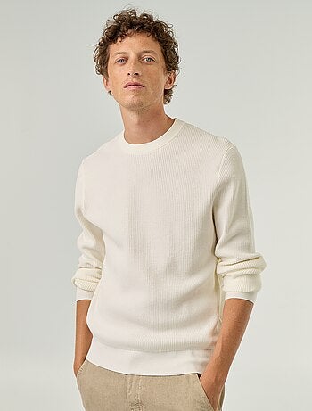 Camisola em malha waffle de gola redonda