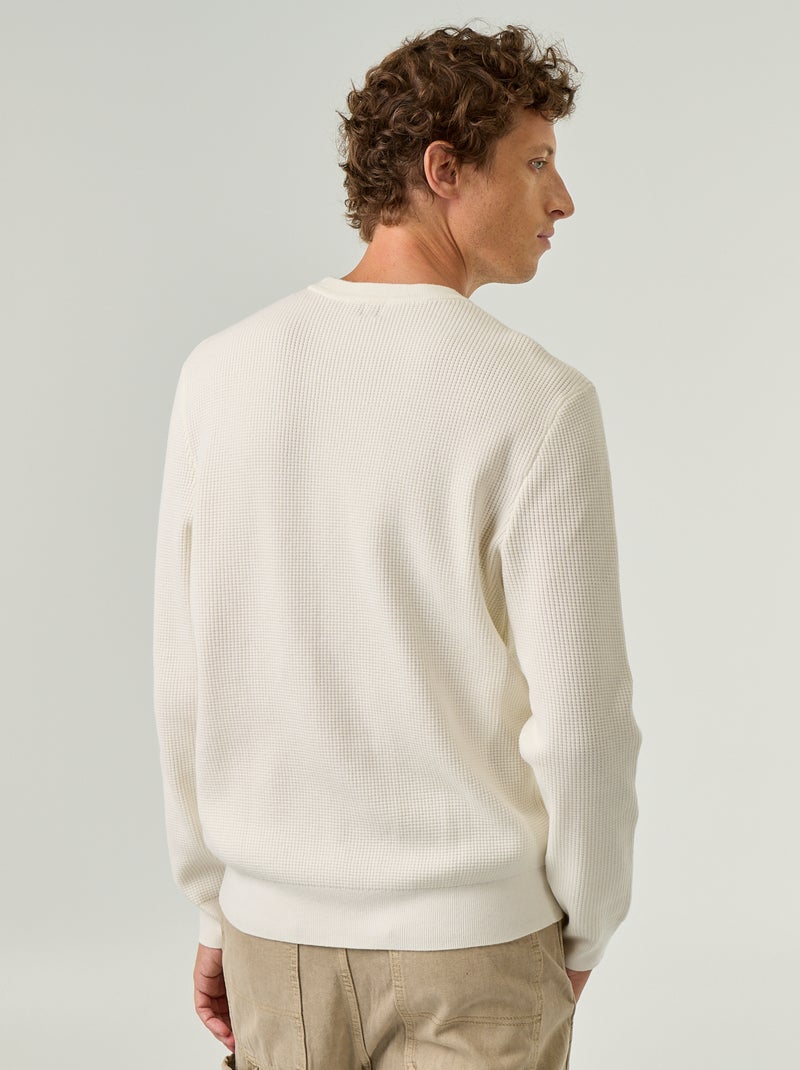 Camisola em malha waffle de gola redonda Branco - Kiabi
