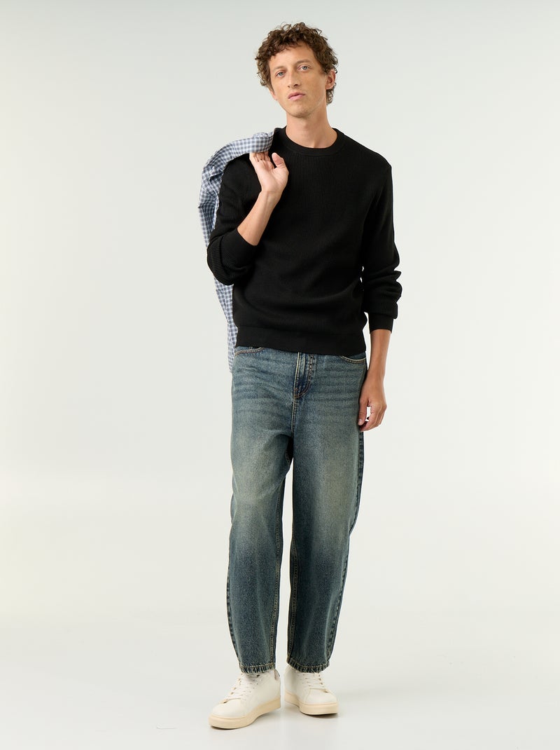 Camisola em malha waffle de gola redonda Preto - Kiabi