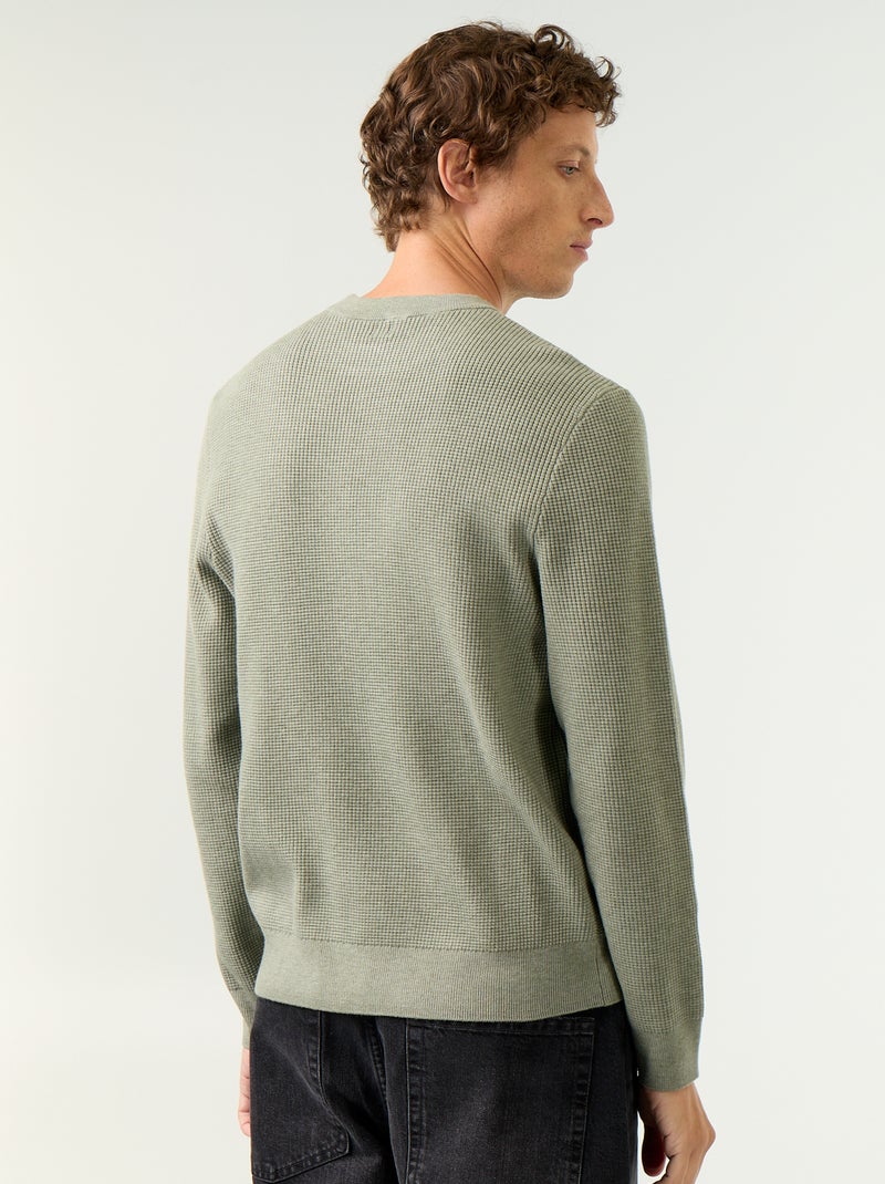 Camisola em malha waffle de gola redonda Verde - Kiabi