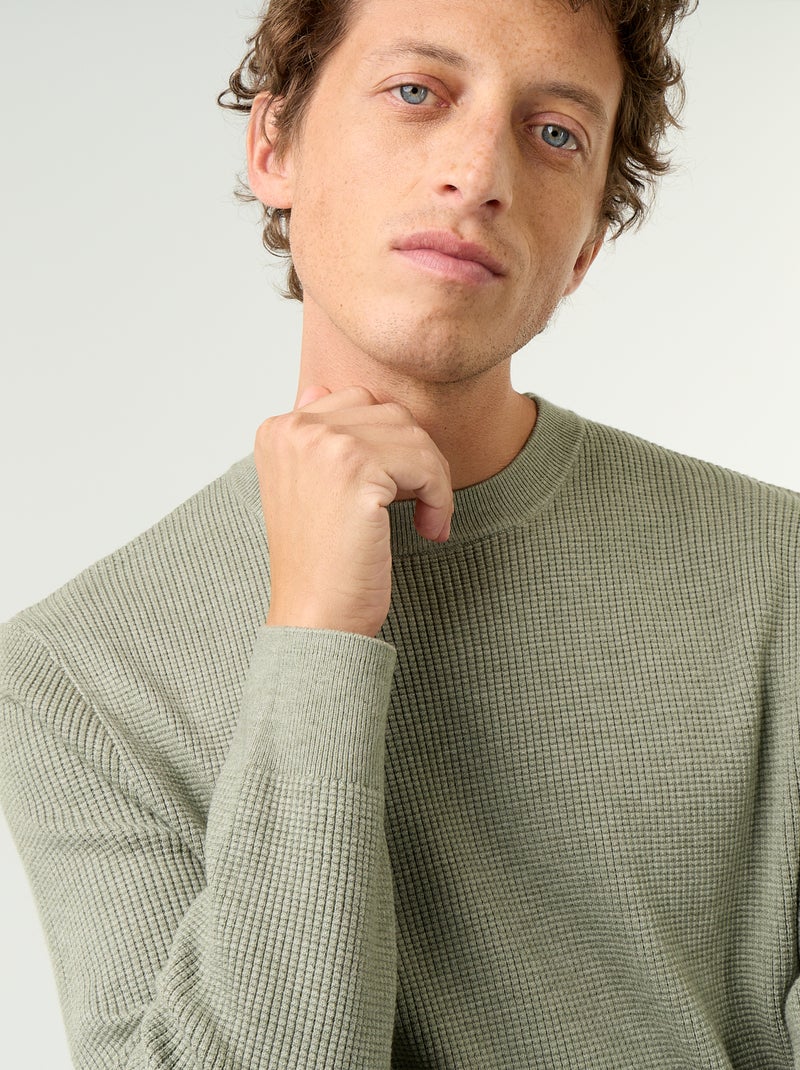 Camisola em malha waffle de gola redonda Verde - Kiabi