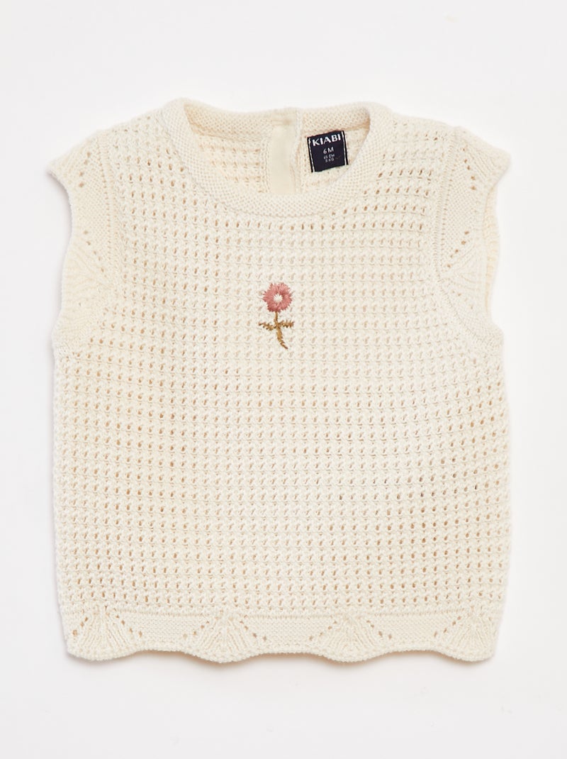 Camisola em tricô com bordados florais Branco - Kiabi