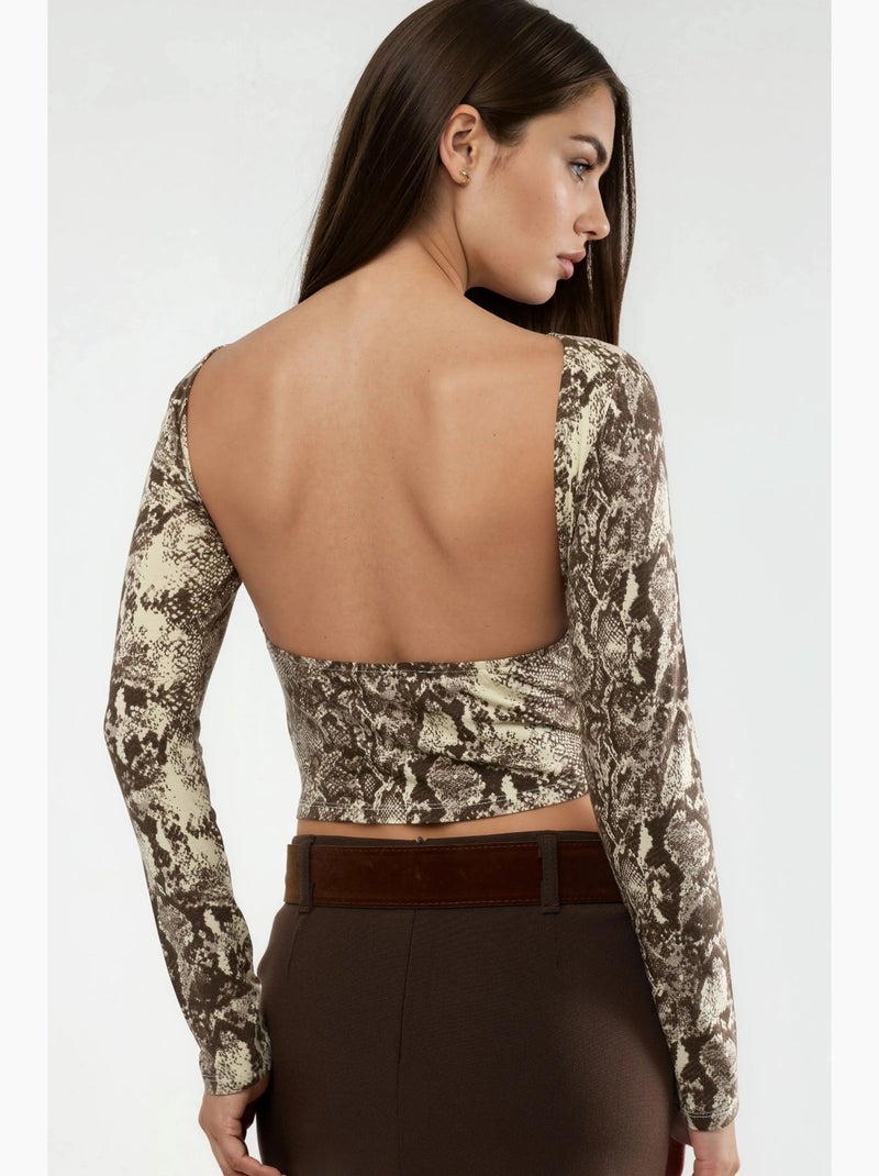 Camisola estampado serpente decote barco curta manga comprida busem Castanho - Kiabi