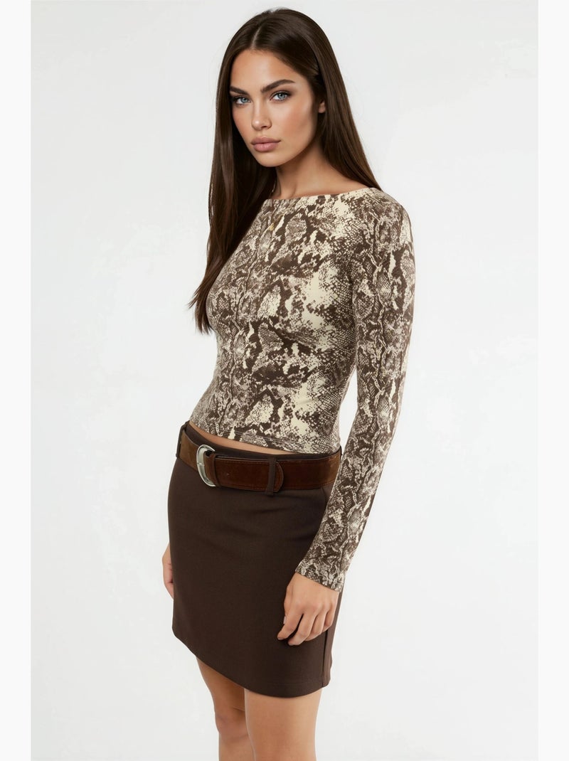 Camisola estampado serpente decote barco curta manga comprida busem Castanho - Kiabi